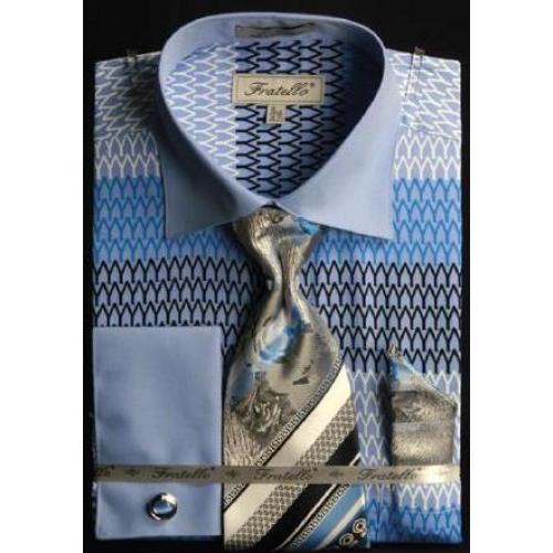 Fratello Navy / Royal / Light Blue  Weave Design 100% Cotton Shirt / Tie / Hanky Set With Free Cufflinks FRV4127P2